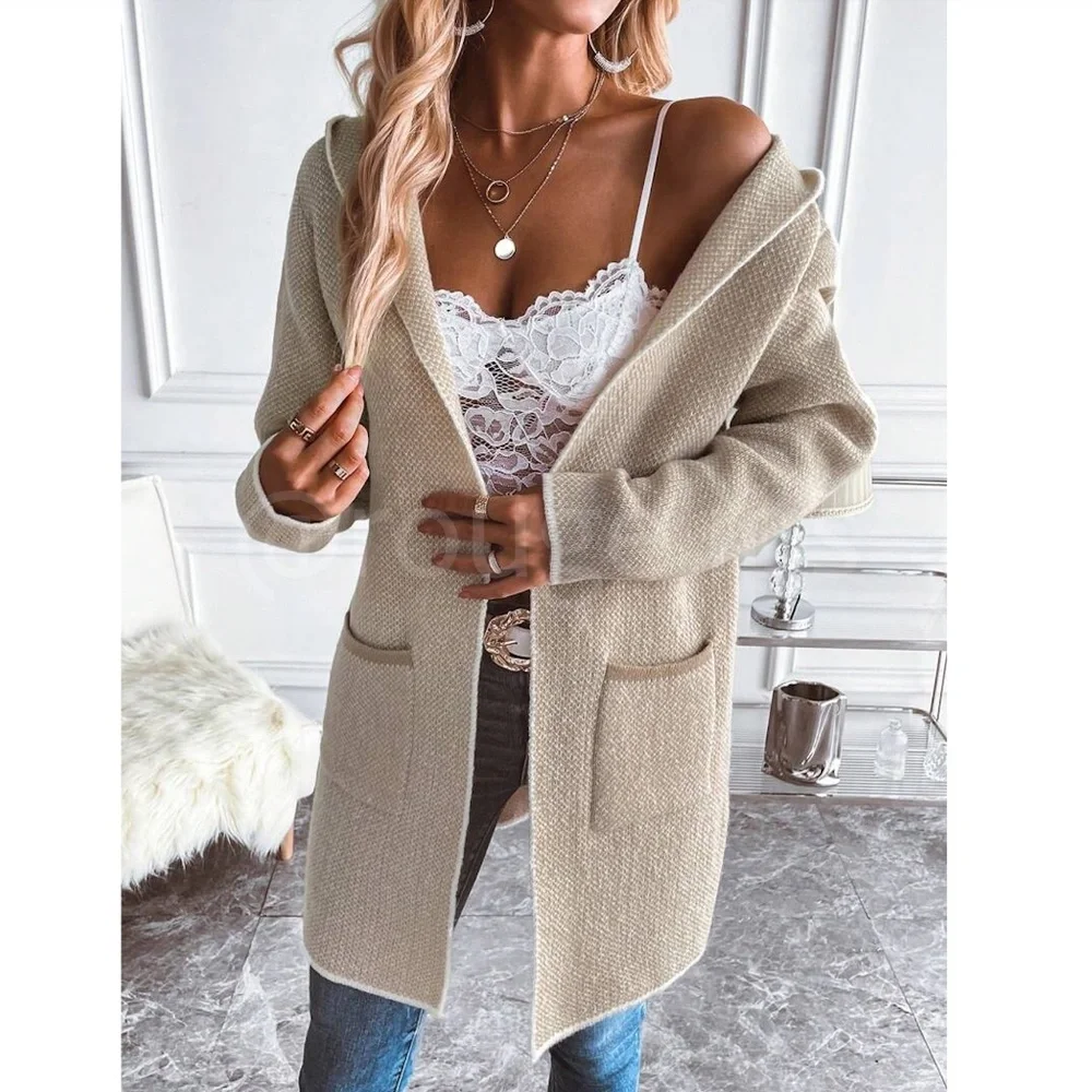 Hooded Knit Beige /Tan Open Cardigan Long Sleeves Hip Length w/ Pockets - Picture 6 of 8